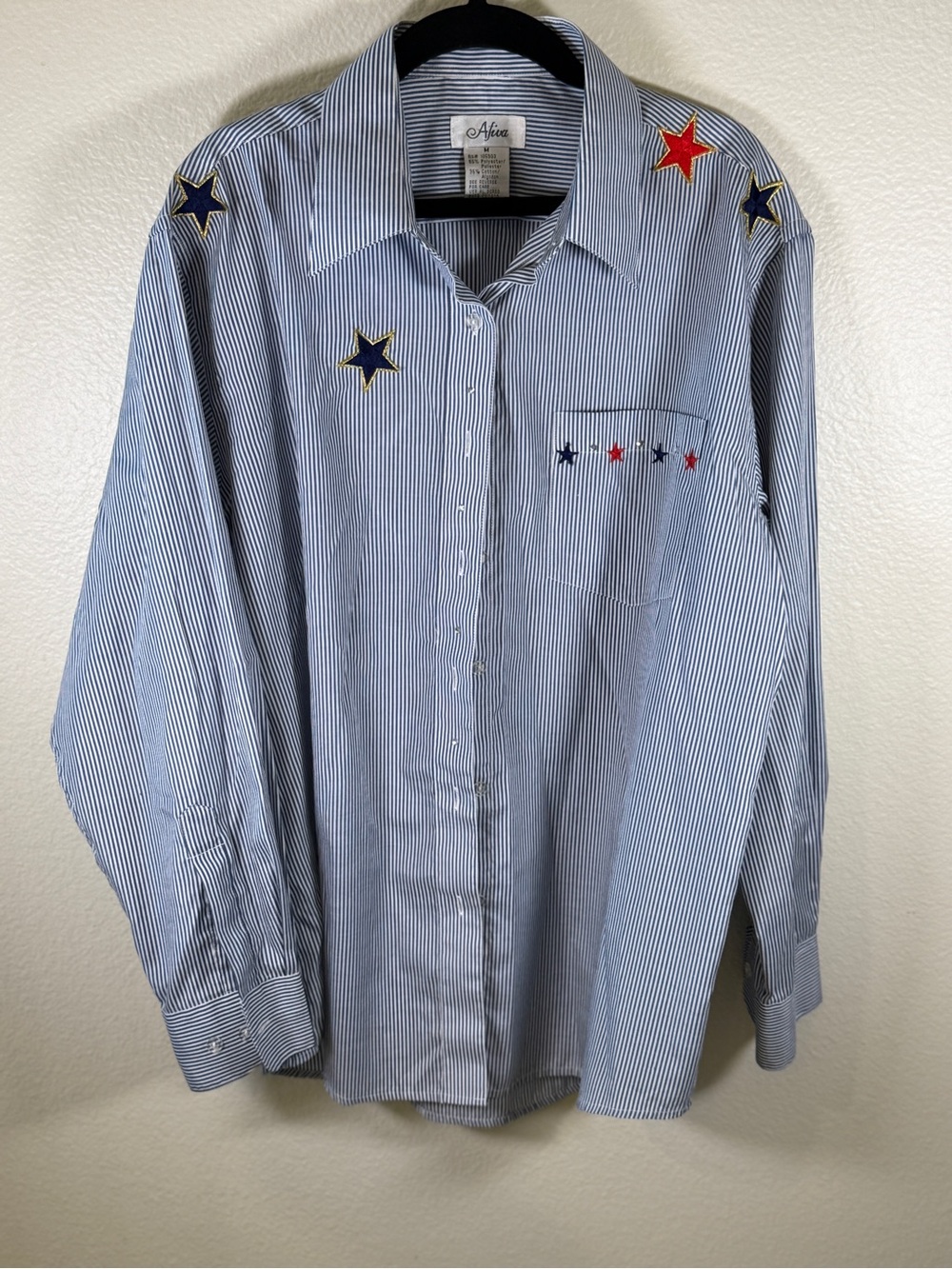 Ina Blue Pinstripe Button-Down Shirt with Red, Navy & Gold Star Embroidery